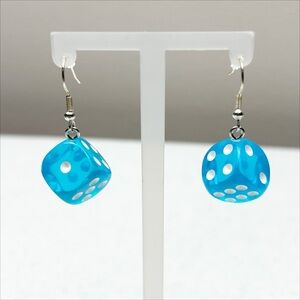 Novelty Earrings Dice Blue 6-Sided Silver Color Ear-wire